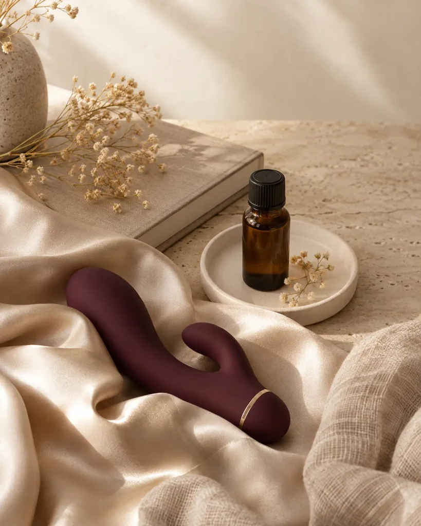 Stilvolles Sexual-Wellness-Arrangement in warmen Beige- und Burgundertönen