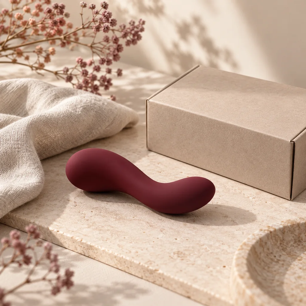 Bordeauxfarbenes Wellness-Produkt auf hellem Stoff neben neutraler Verpackung